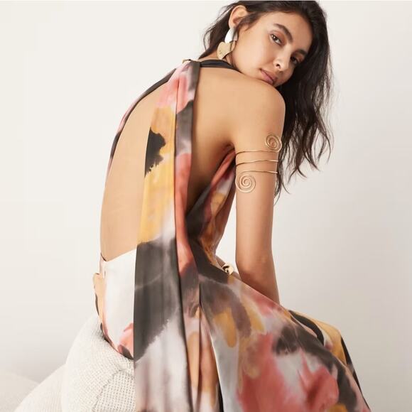 NEW Edition Asos Watercolor Print Satin Halter Maxi Dress 4‎ Pink Black Tan NWT - Picture 12 of 13